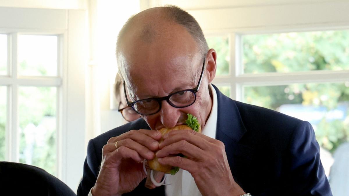 Friedrich Merz verspeiste bei seinem Wahlkampfauftritt in K&uuml;hlungsborn ein Fischbr&ouml;tchen. Im Ostseebad wurde der Kanzler mit Pfiffen und R&uuml;cktrittsforderungen empfangen. (Foto)