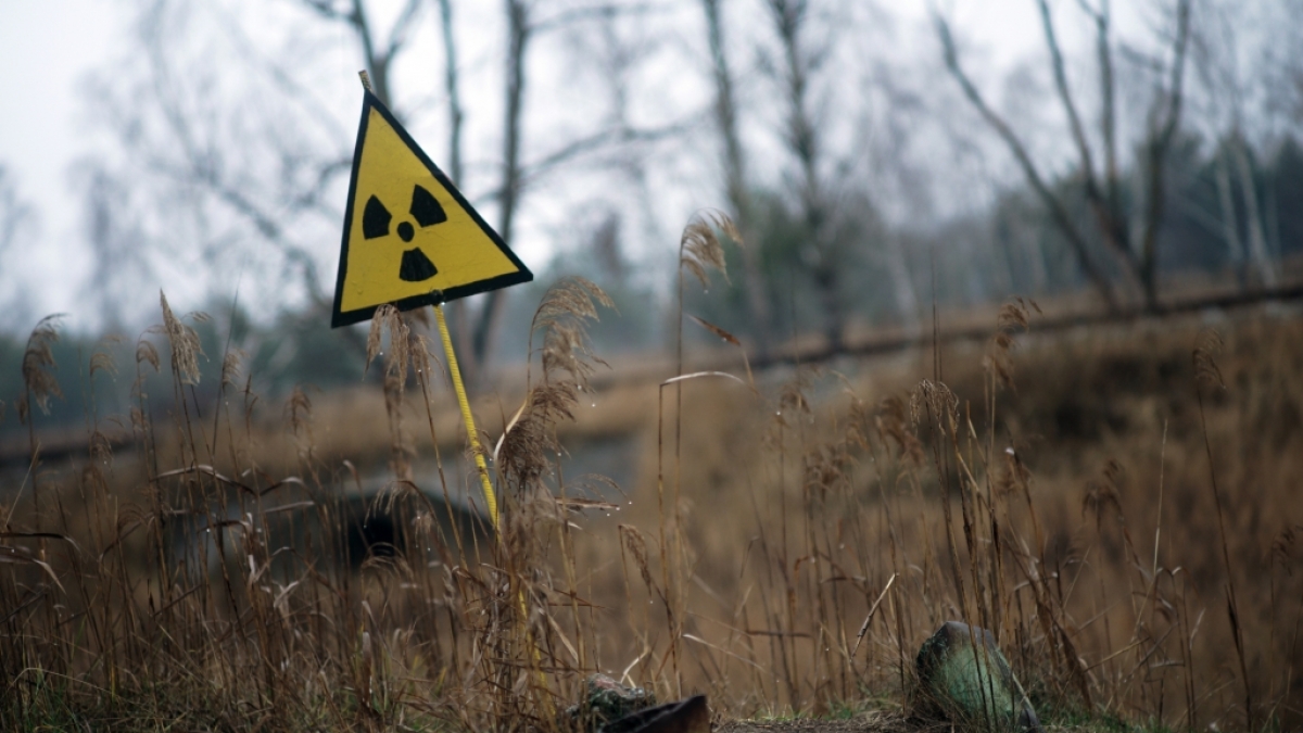 Ein Strahlenwarnzeichen steht in der Sperrzone um das explodierte Atomkraftwerk Tschernobyl. (Foto)
