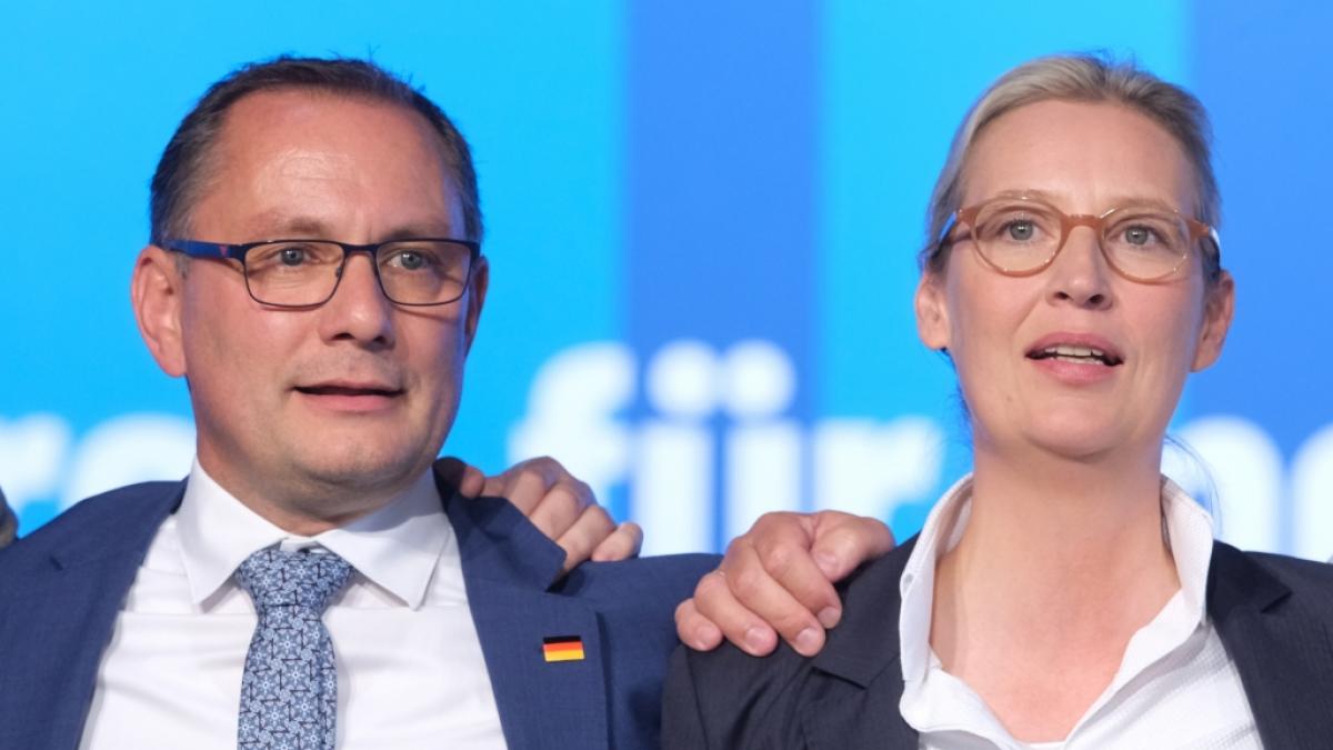 Tino Chrupalla, AfD-Bundesvorsitzender und Vorsitzender der AfD-Bundestagsfraktion und Alice Weidel, AfD-Bundesvorsitzende und Fraktionsvorsitzende&nbsp;der AfD-Bundestragsfraktion, im August 2023. (Foto)