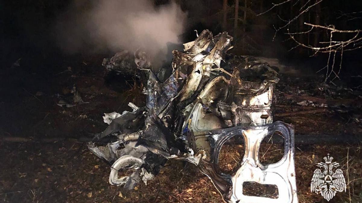 Tr&uuml;mmer des abgest&uuml;rzten russischen Mi-2-Hubschraubers liegen im Wald. (Foto)