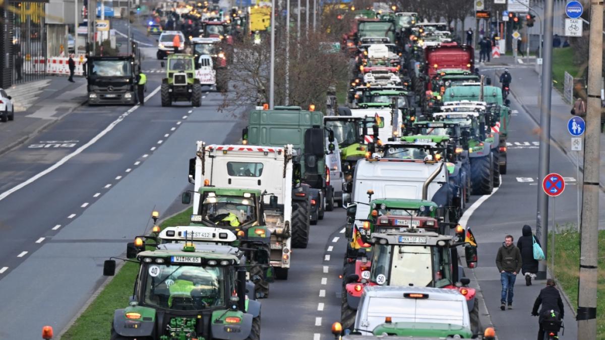 Bauern aus Hessen sind mit ihren Traktoren auf der Mainzer Stra&szlig;e in Wiesbaden unterwegs. (Foto)