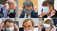 Die Kombo zeigt sechs Politiker beim Tragen oder An- und Abziehen eines Mundschutzes.