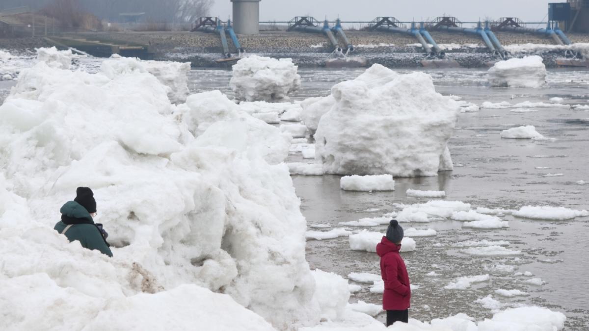 Gro&szlig;e Eisschollen sind bei Geesthacht an der Elbe zu sehen. (Foto)