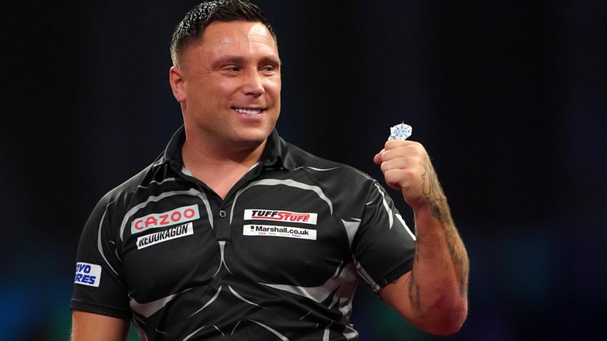 Der "Iceman" Gerwyn Price hatte bei seinem Zweitrundenspiel im Ally Pally gut lachen: Der Waliser nahm den Engl&auml;nder Luke "Woody" Woodhouse aus dem Turnier. (Foto)