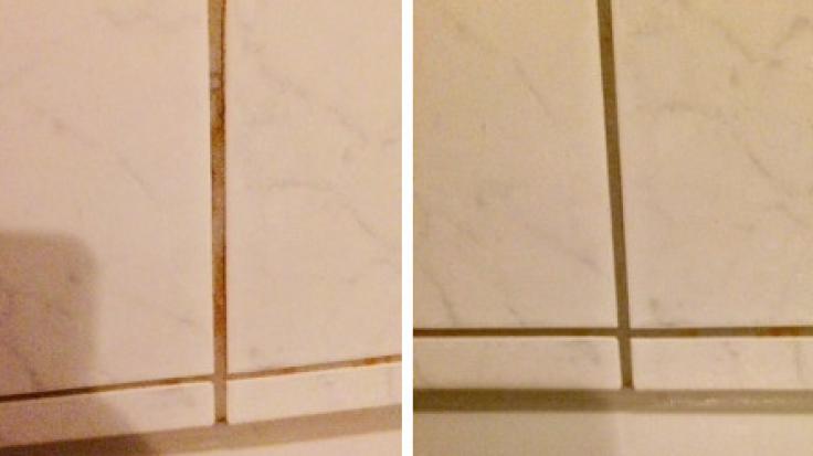 Der Vorher-Nachher-Vergleich: Rechts mit Shampoo-Resten, links nach der Fugenreinigung.