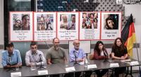 Angehörige von Israelis, die während des Hamas-Angriffs entführt wurden sprechen auf einer Pressekonferenz nach einem Treffen mit dem deutschen Bundeskanzler Scholz in der deutschen Botschaft in Tel Aviv. Unter ihnen Yoni Asher.