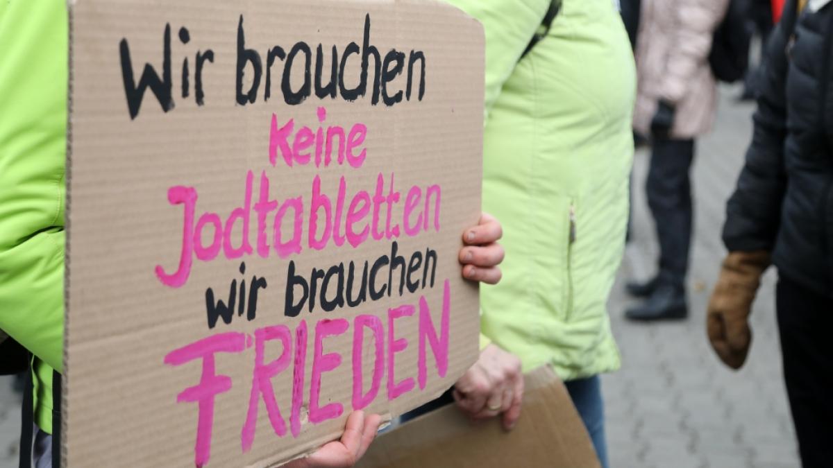 "Wir brauchen keine Jodtabletten. Wir brauchen Frieden", steht auf dem Plakat eines Demonstranten w&auml;hrend einer Kundgebung. (Foto)