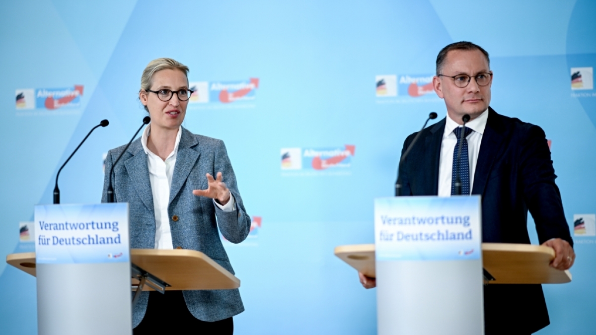 Alice Weidel, Bundessprecherin der AfD, spricht w&auml;hrend des AfD-Landesparteitags zu Parteimitgliedern. (Foto)