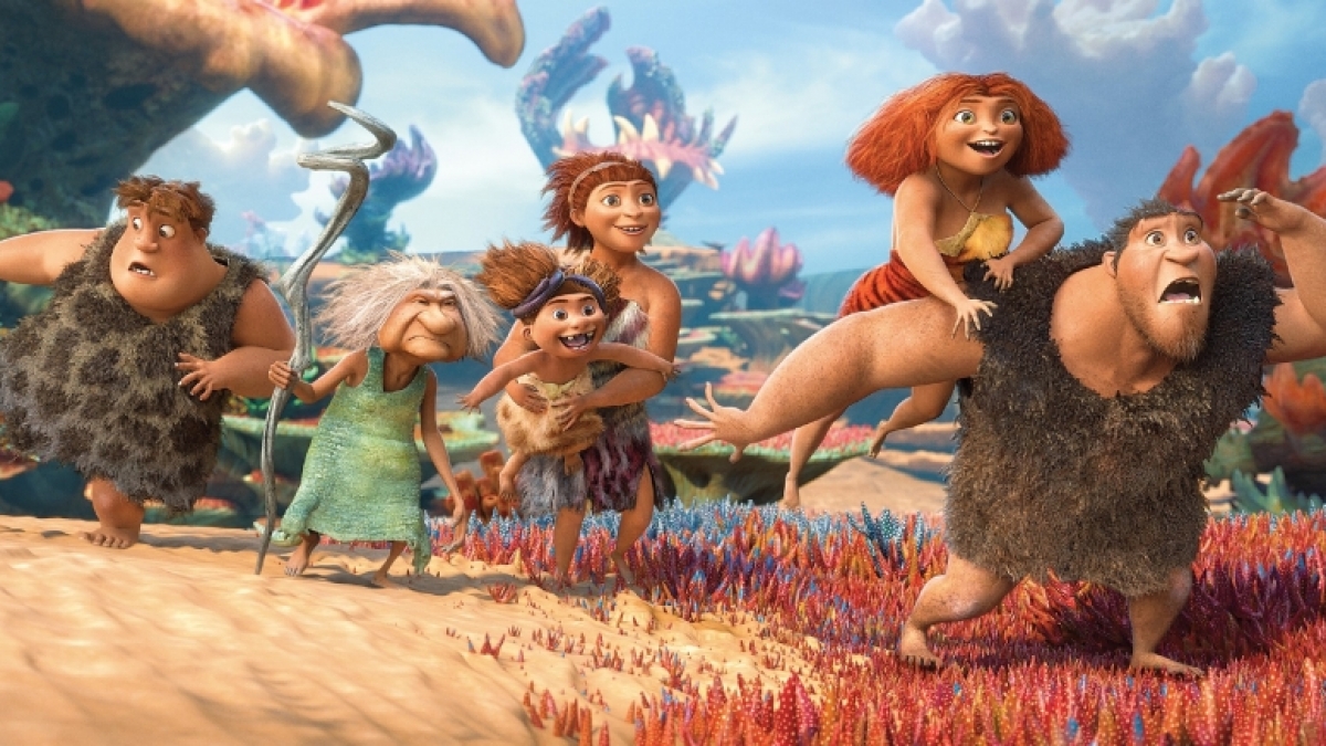 Das sind die Croods: Thunk, Oma, Sandy, Ugga, Eep und Papa Grug. (Foto)