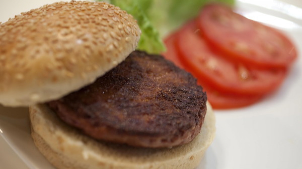 Ein Burger, der aus k&uuml;nstlichem Fleisch besteht und von Professor Mark Post an der Universit&auml;t Maastricht entwickelt worden ist. (Foto)