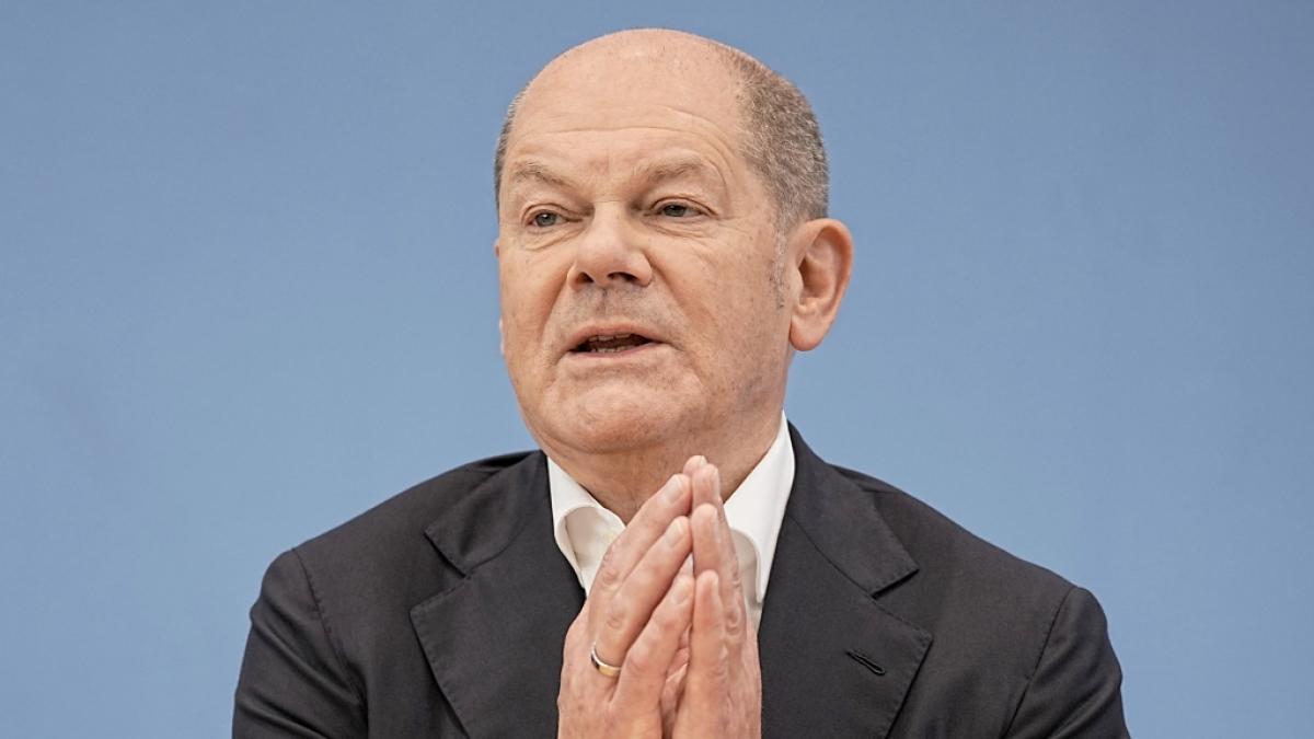 Bundeskanzler Olaf Scholz&nbsp;auf der Sommer-Pressekonferenz im Haus der Bundespressekonferenz am 14. Juli 2023. (Foto)