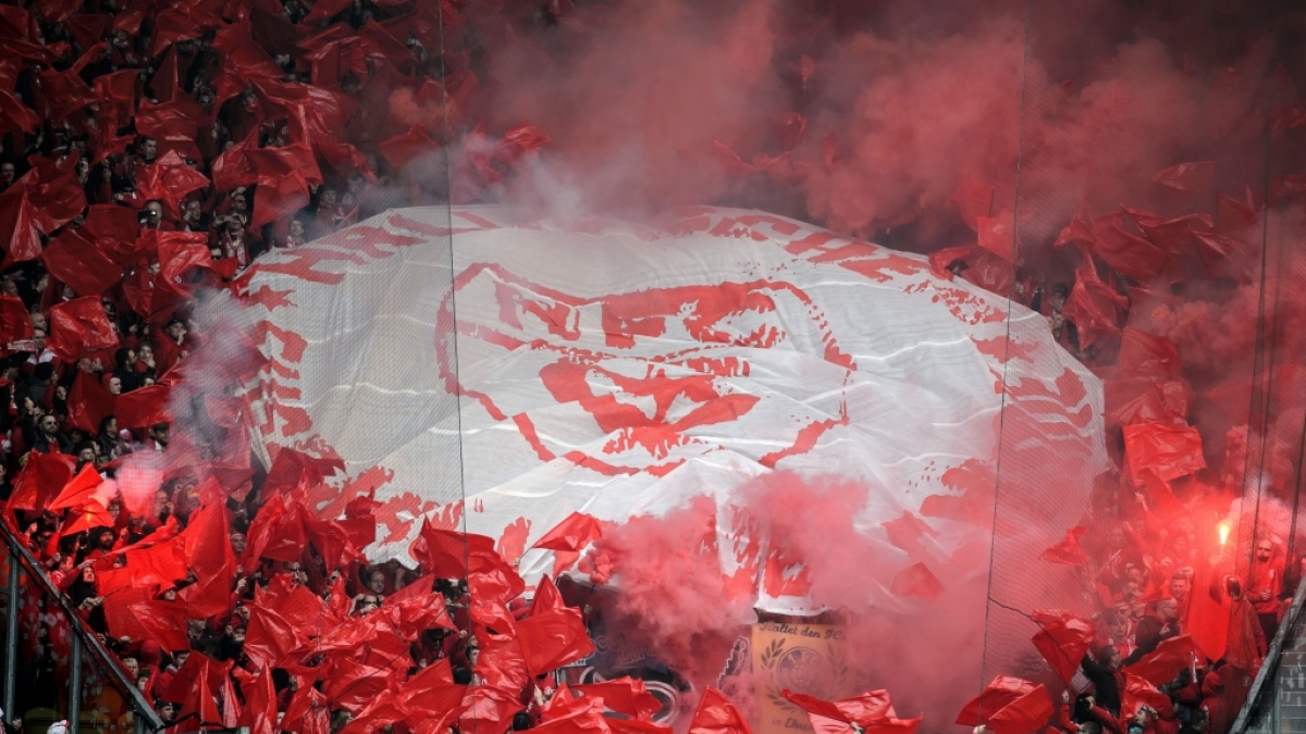 Mit roten Fahnen unterst&uuml;tzen die Fans vom Halleschen FC ihre Mannschaft. (Symbolbild) (Foto)