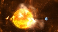 Bei einem Sonnensturm stößt die Sonne große Mengen an Elektronen und Protonen aus, in der Folge fliegt eine Wolke kosmischer Strahlung auf die Erde zu und erreicht sie in wenigen Tagen.