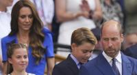 Bilder zeigen Prinzessin Kate, Prinz William und die beiden Kinder Prinz George und Prinzessin Charlotte auf der Tribüne. 