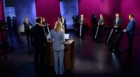 Die Spitzenkandidaten Thomas Schulze (hinten l-r, BSW), Susan Sziborra-Seidlitz (Bündnis 90/Die Grünen), Lydia Hüskens (FDP), Armin Willingmann (SPD), Eva von Angern (Die Linke), Ulrich Siegmund (AfD) und Sven Schulze (CDU).