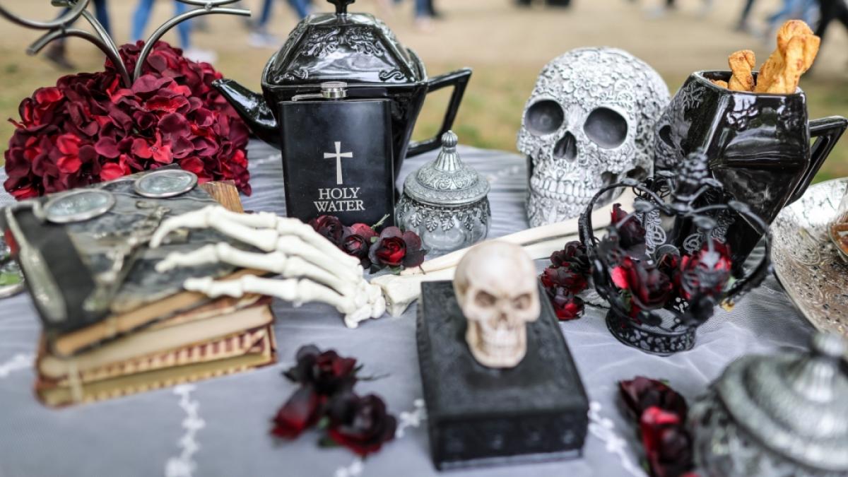 Ein reich gedeckter Tisch steht zum "Viktorianischen Picknick" beim Wave-Gotik-Treffen in Leipzig. (Foto)