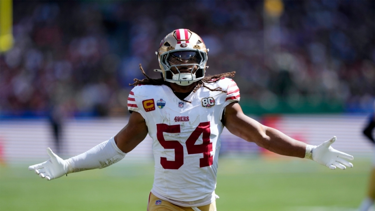 Profiliga NFL, Hauptrunde, Los Angeles Rams - San Francisco 49ers. Fred Warner, Middle Linebacker der San Francisco 49ers, jubelt nach einem Spielzug. (Foto)
