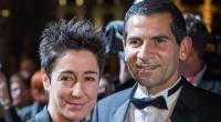 Mitri Sirin gemeinsam mit seiner Kollegin Dunja Hayali auf dem roten Teppich vor der Alten Oper in Frankfurt (2017). Hier wurden die Hessischen Film- und Kinopreise verliehen.