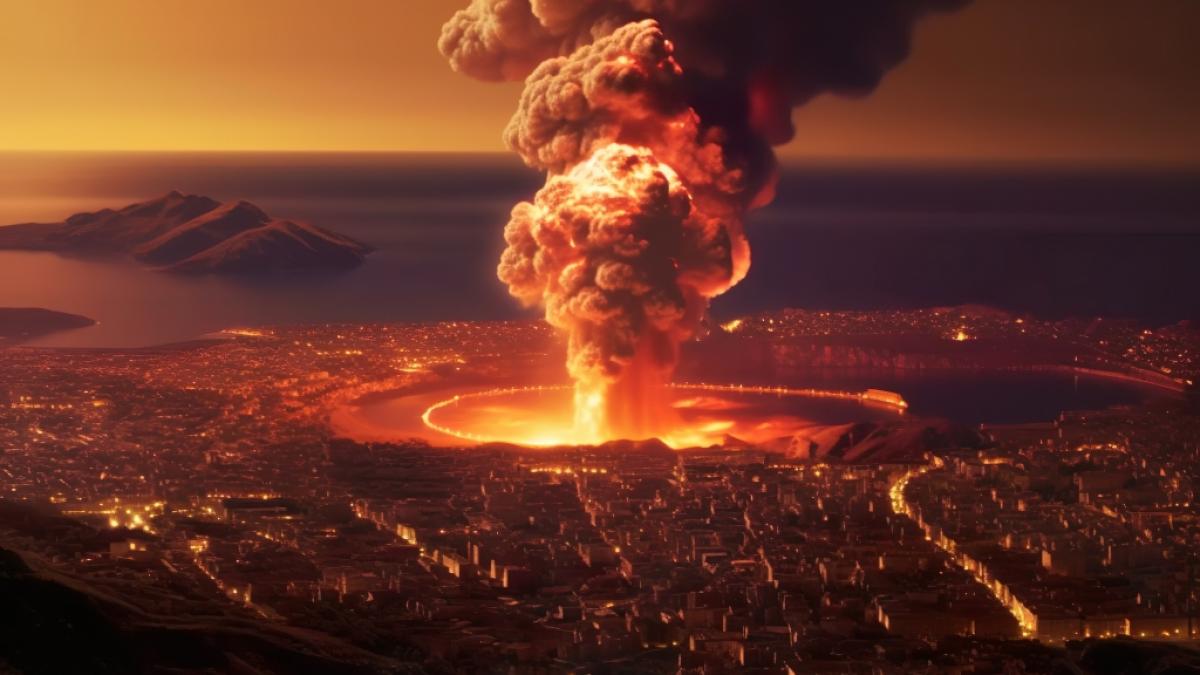 Die Fotomontage zeigt, wie ein Ausbruch des Supervulkans aussehen k&ouml;nnte. (Foto)