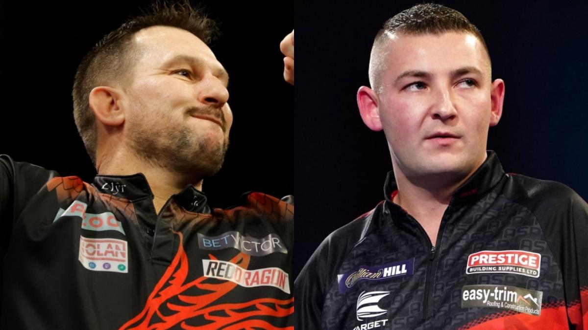 Jonny "The Ferret" Clayton und Nathan "The Asp" Aspinall stehen sich im Finale des World Matchplay 2023 in Blackpool gegen&uuml;ber. (Foto)