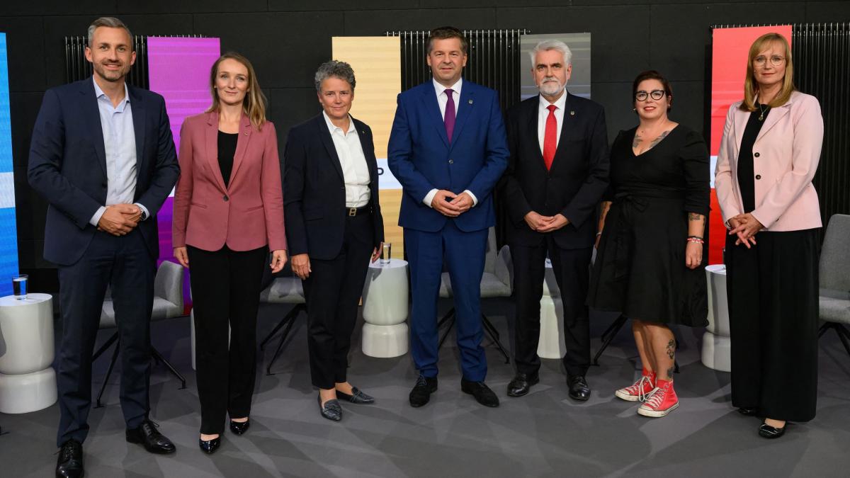 Ulrich Siegmund (AfD), Claudia Wittig (BSW), Lydia H&uuml;skens (FDP), Sven Schulze (CDU), Armin Willingmann (SPD), Susan Sziborra-Seidlitz (B&uuml;ndnis 90/Die Gr&uuml;nen) und Eva von Angern (Die Linke) sind die Spitzenkandidaten zur Landtagswahl. (Foto)