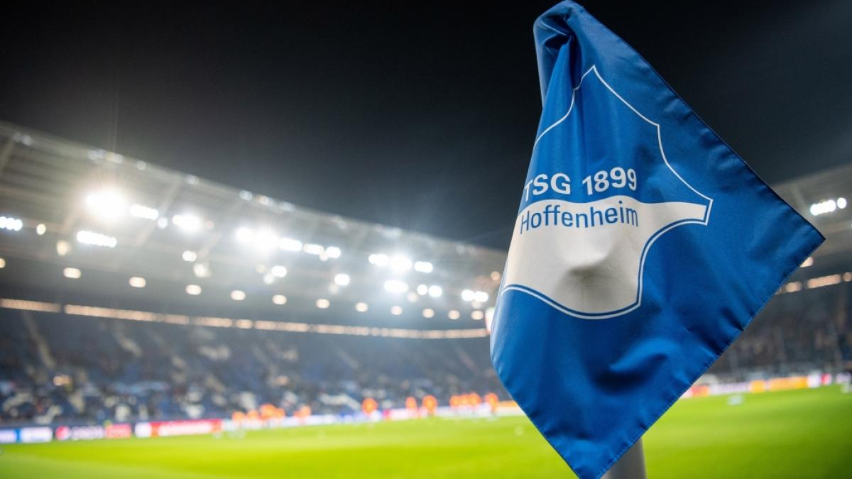 Eine Eckfahne mit dem Logo der TSG 1899 Hoffenheim steht im Stadion. (Foto)