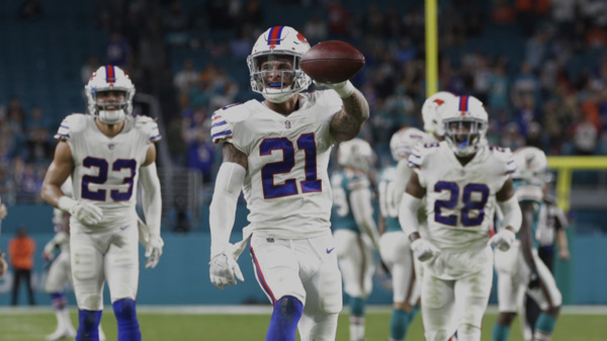 Free Safety Jordan Poyer (21, vorn) von den Buffalo Bills. (Foto)