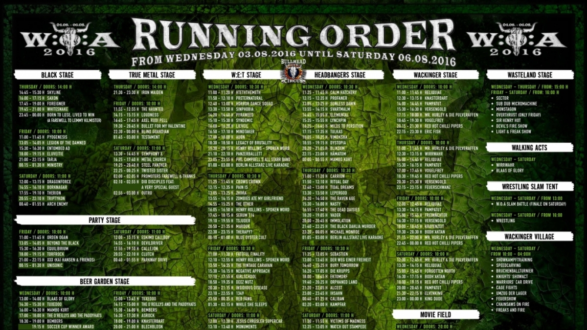 Die komplette Running Order des W:O:A 2016. (Foto)