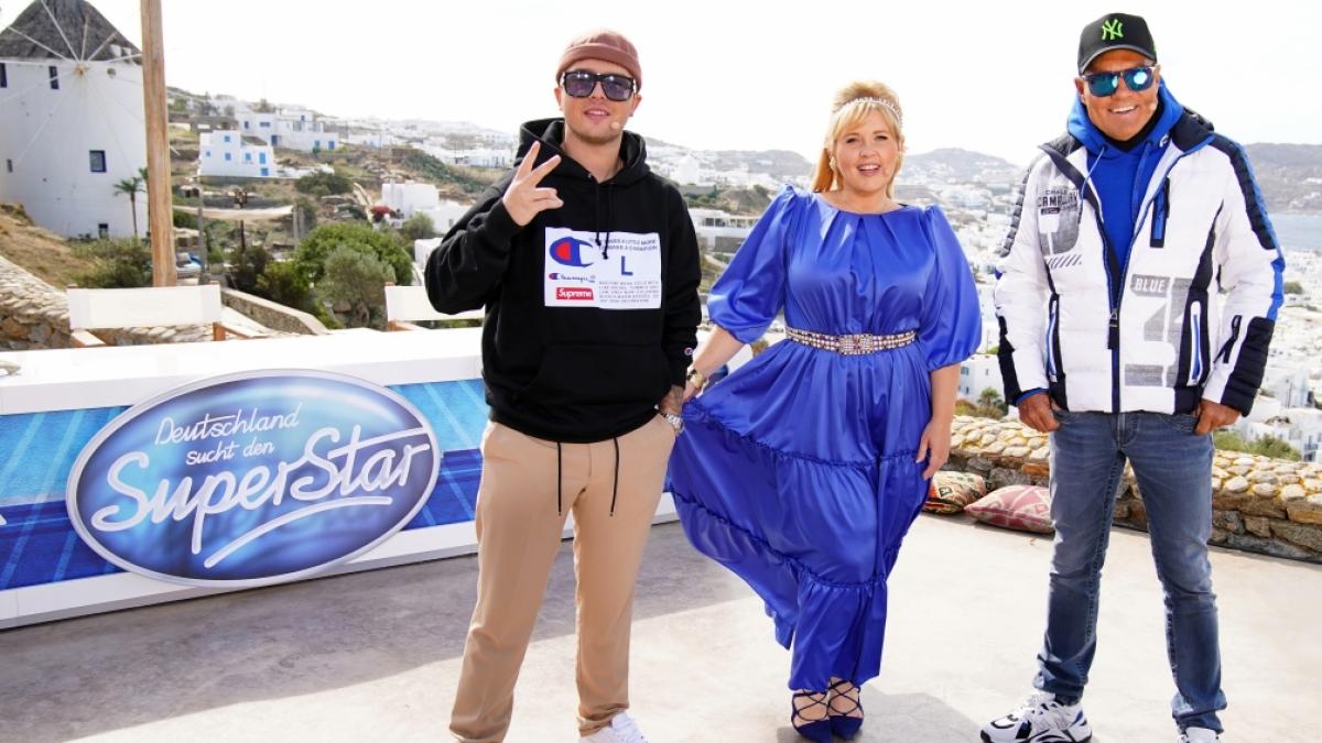 Die DSDS-Jury mit den S&auml;ngern Mike Singer (l-r), Maite Kelly und Dieter Bohlen bei den Dreharbeiten zum Recall der Castingshow "Deutschland sucht den Superstar" (DSDS) auf Mykonos. (Foto)