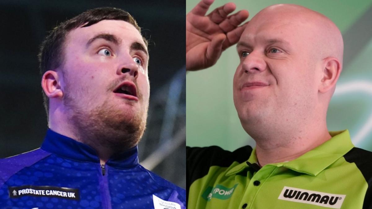 Verr&uuml;ckte Darts-Welt im Ally Pally: Das Darts-M&auml;rchen um Luke Littler (li.) geht weiter, Top-Favorit Michael van Gerwen (re.) flog indes im Viertelfinale &uuml;berraschend raus. (Foto)