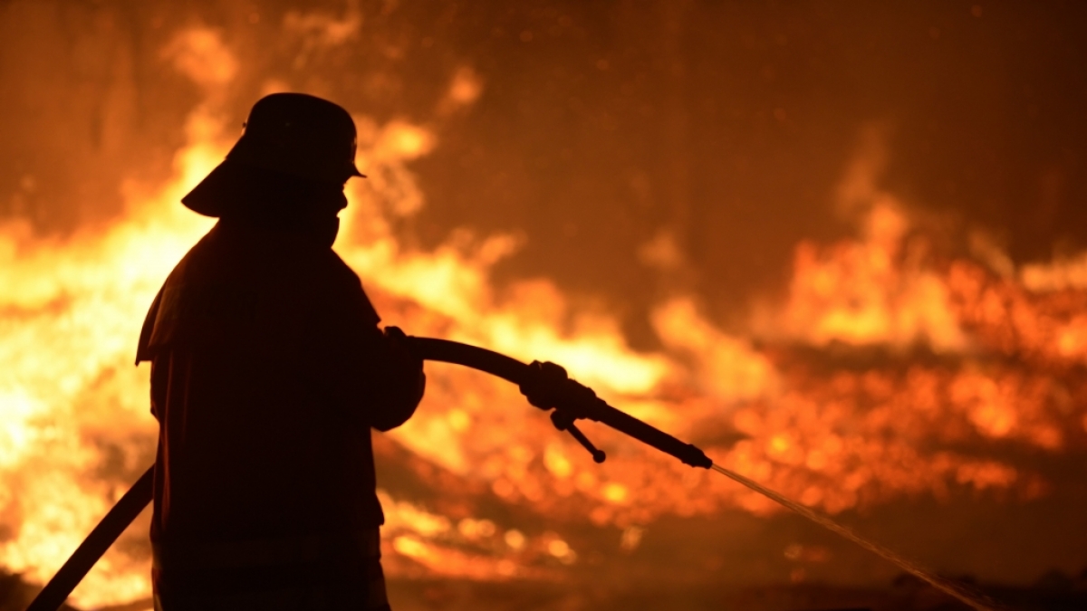 Feuerwehrmann beim L&ouml;schen eines Brands: Beim Silvesterfeuer in Scheveningen (Niederlande) entstand ein gef&auml;hrlicher Feuertornado. (Symbolbild) (Foto)
