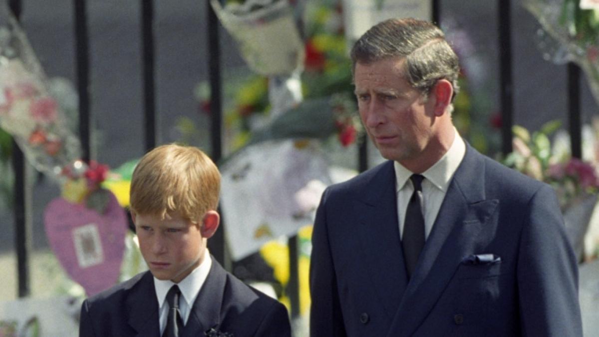 Der britisch Prinz Charles und Prinz Harry w&auml;hrend des Trauerzuges f&uuml;r Prinzessin Diana. (Foto)