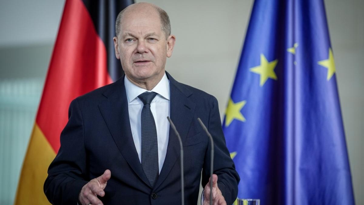 Bundeskanzler Olaf Scholz (SPD) bei einer Pressekonferenz im Bundeskanzleramt. (Foto)
