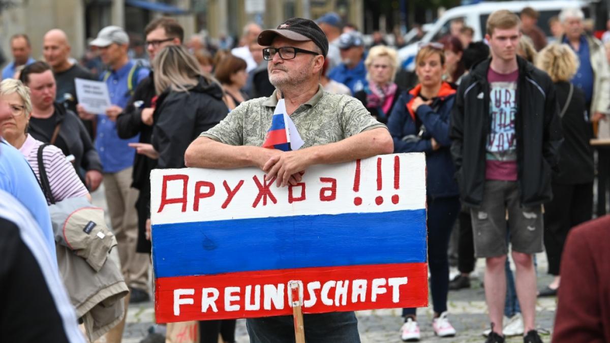 Ein Teilnehmer der AfD-Kundgebung h&auml;lt ein Schild in den Farben von Russland mit der deutsch-russischen Aufschrift "Druschba!!! - Freundschaft".&nbsp; (Foto)