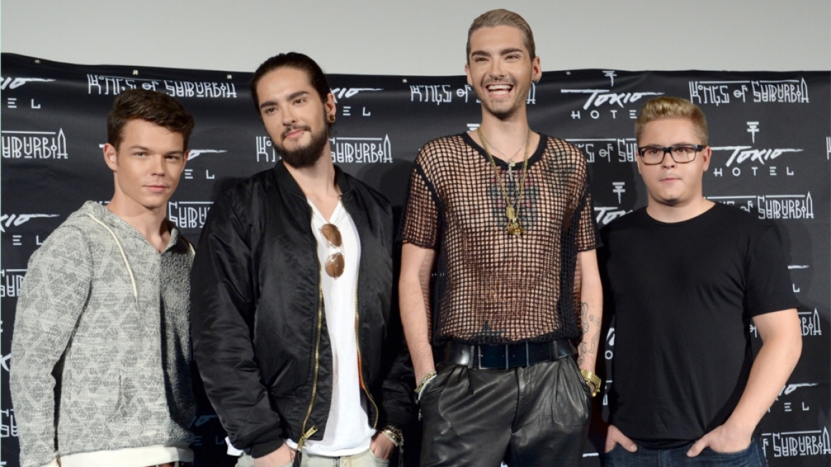 Georg Listing, Tom und Bill Kaulitz und Gustav Sch&auml;fer zur Ver&ouml;ffentlichung ihres Albums "Kings of Suburbia" 2014. (Foto)