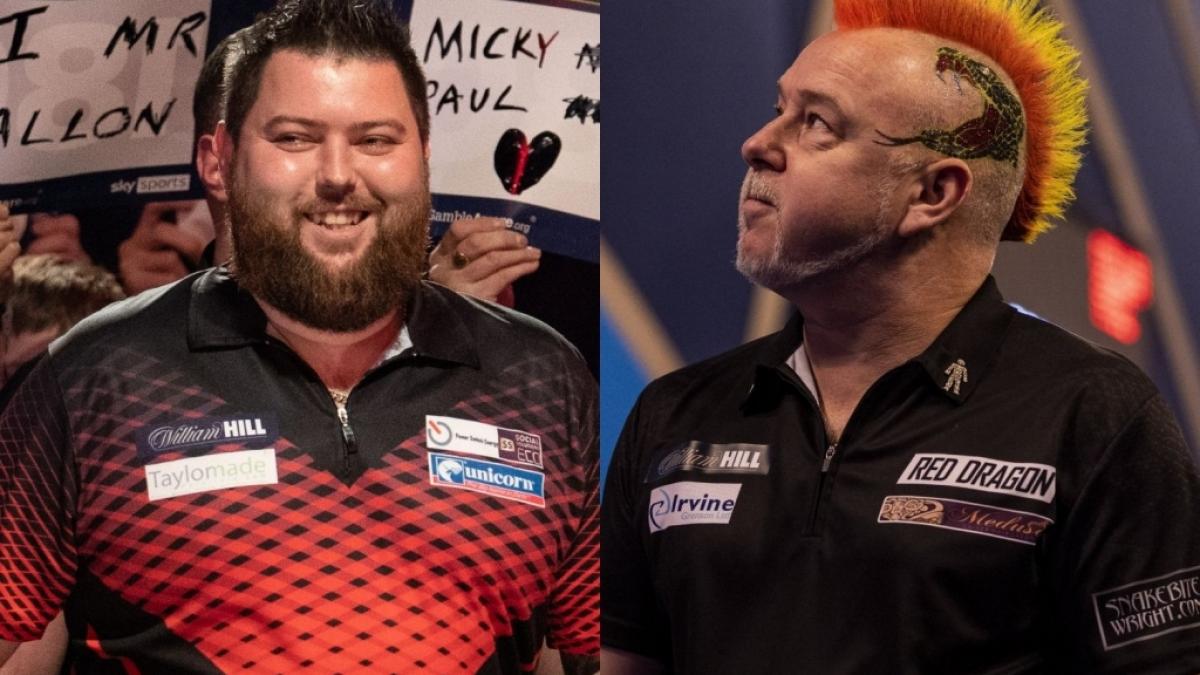 So sehen Finalisten aus: Michael Smith, der "Bully Boy" aus England (li.), und Peter "Snakebite" Wright k&auml;mpfen im Finale der Darts-WM 2022 um den PDC-Titel, die Sid-Waddell-Trophy und 500.000 Pfund Preisgeld. (Foto)