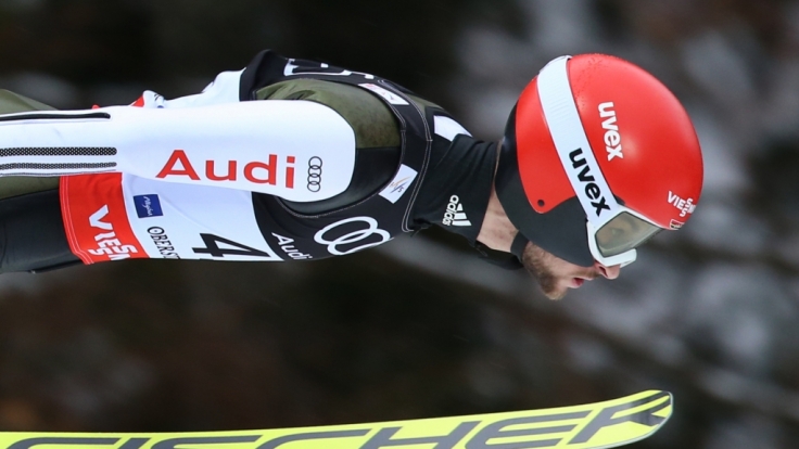 Markus Eisenbichler aus Deutschland fliegt bei der Skiflug-Weltmeisterschaft in Oberstdorf (Bayern) im ersten Training von der Heini-Klopfer-Schanze.