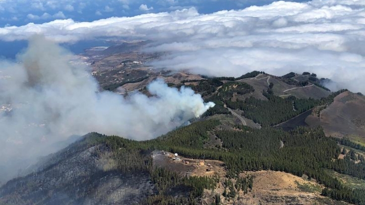 Rauch steigt über die Berge von Gran Canaria auf. Der seit dem Wochenende wütende Waldbrand ist noch nicht unter Kontrolle.