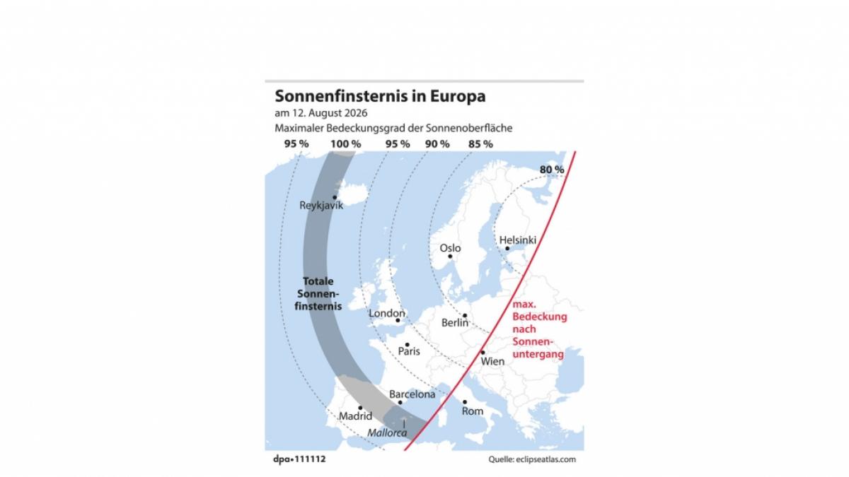 Europakarte zum Verlauf der Sonnenfinsternis (Foto)