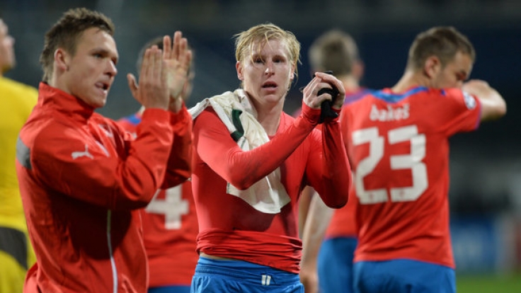 Pilzen's Stanislav Tecl, Frantisek Rajtoral und Marek Bakos (v.l.n.r.).