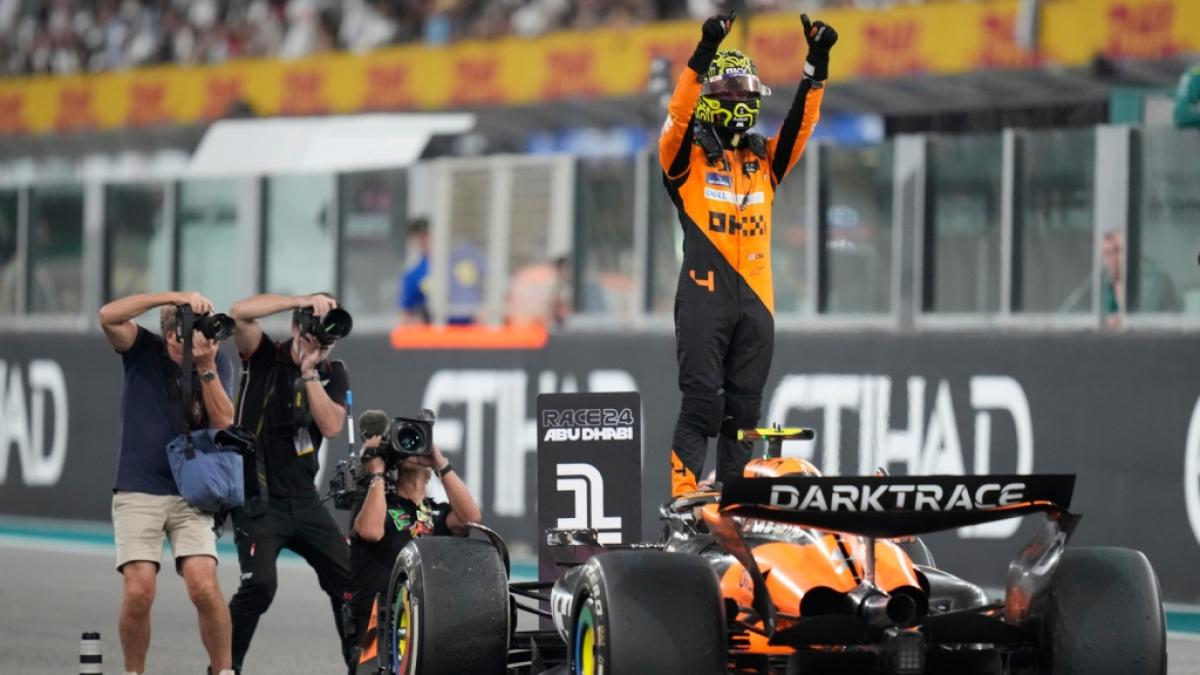 Der britische McLaren-Pilot Lando Norris jubelt nach seinem Sieg beim Gro&szlig;en Preis von Abu Dhabi auf dem Yas Marina Circuit. (Foto)