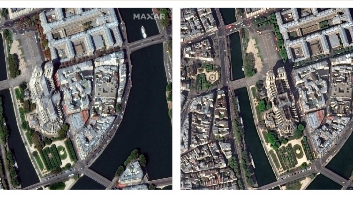 Diese von DigitalGlobe, einem Maxar-Unternehmen, zur Verf&uuml;gung gestellte Bildkombo aus Satellitenbildern zeigt die Kathedrale Notre-Dame am 02.09.2018 (l) vor und am 17.04.2019 nach dem verheerenden Brand. (Foto)
