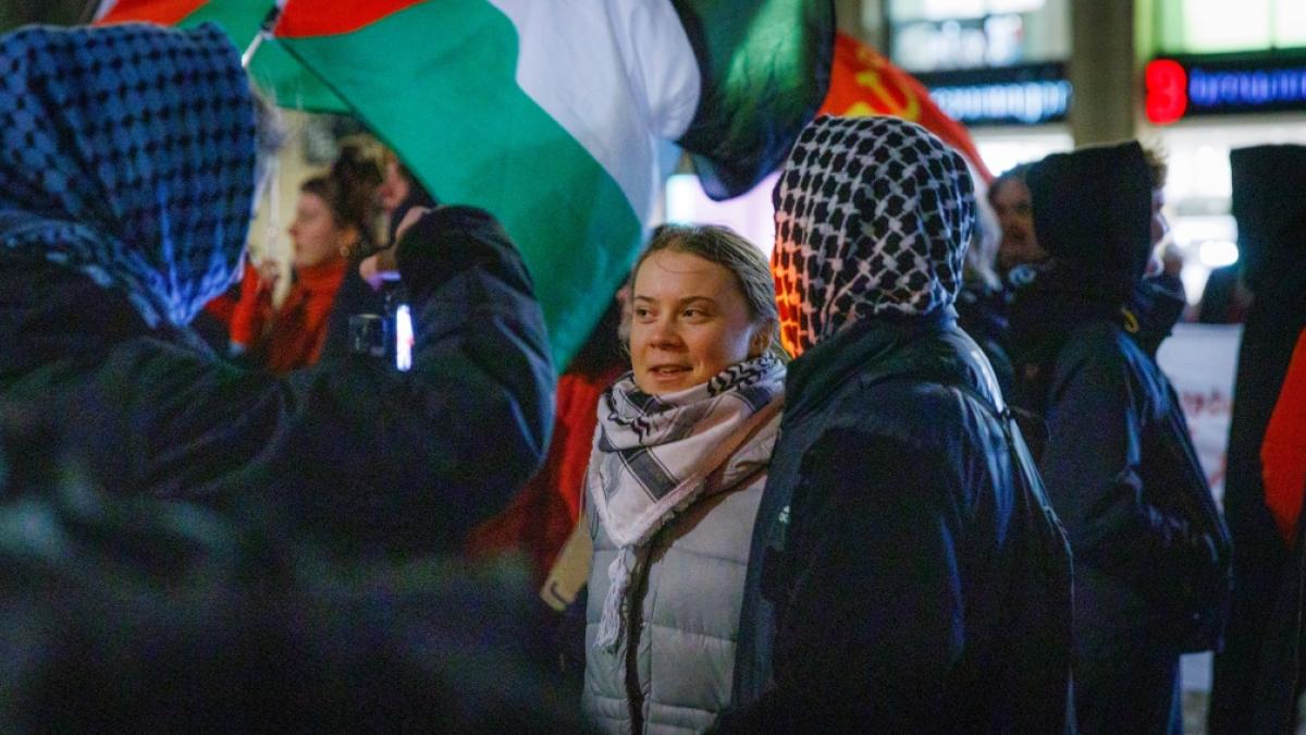 Die schwedische Klimaaktivistin Greta Thunberg nimmt am 24. Januar 2024 an einer pro-pal&auml;stinensischen Demonstration in Leipzig teil. (Foto)