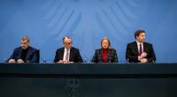Söder, Merz, Bas und Klingbeil sprechen nach dem Koalitionsausschuss vor der Presse.