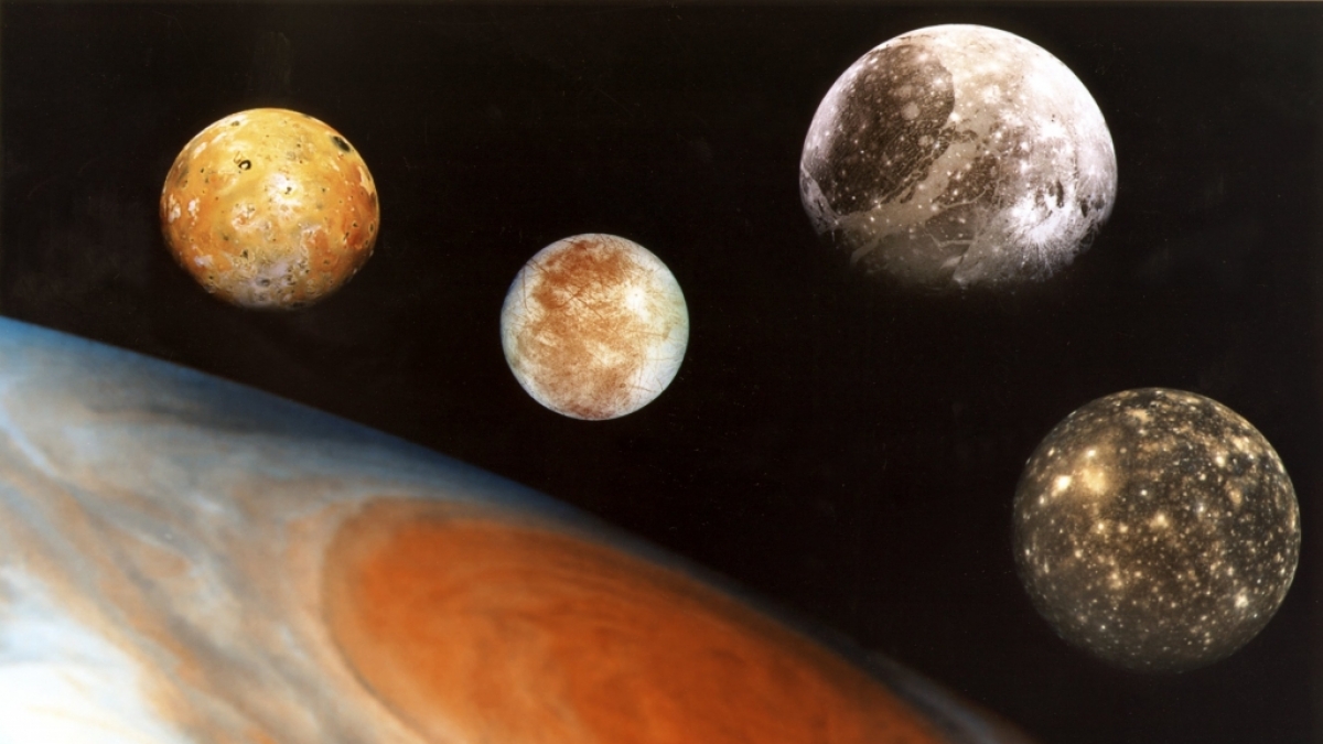 Der Jupiter und seine vier gro&szlig;en "galileischen" Monde: Io, Europa, Ganymed und Callisto. (Foto)