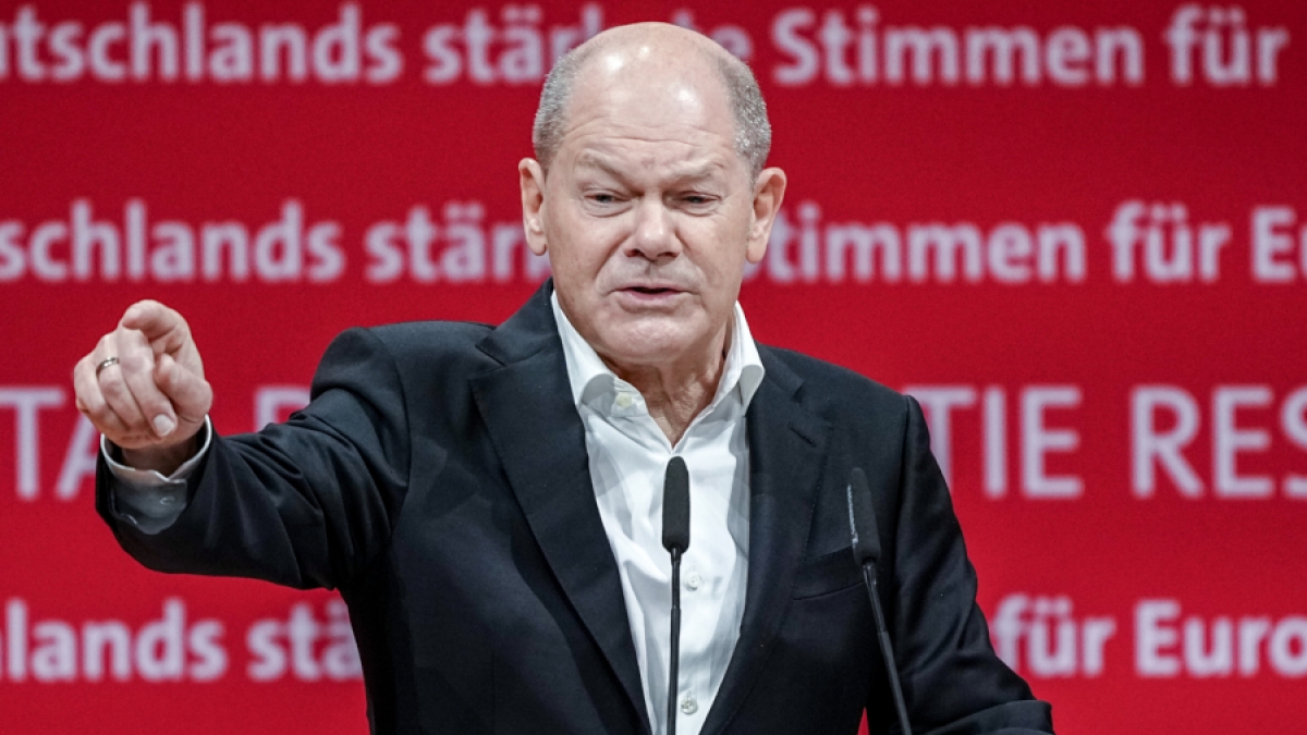 Olaf Scholz spricht bei der Europadelegiertenkonferenz der SPD. (Foto)
