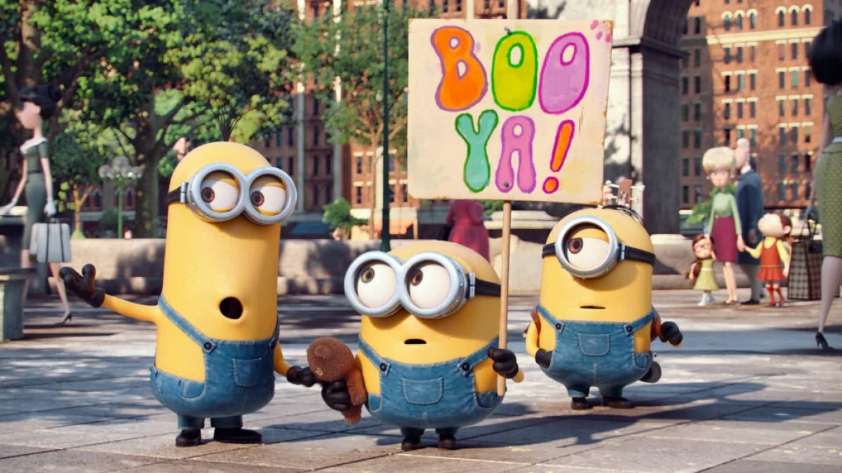Szene aus dem Film: Drei Minions in der Stadt. (Foto)