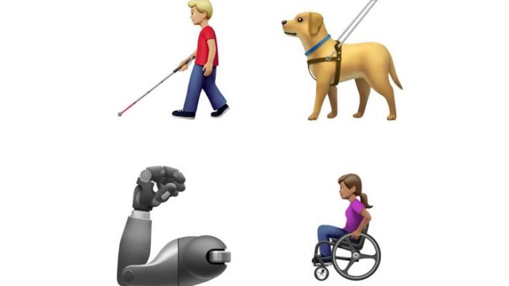 Blindenhund, Prothese, Rollstuhlfahrerin: Die Messenger-Kommunikation soll inklusiver werden, wie etwa die neuen, ab Herbst verfügbaren Apple-Emojis zeigen.