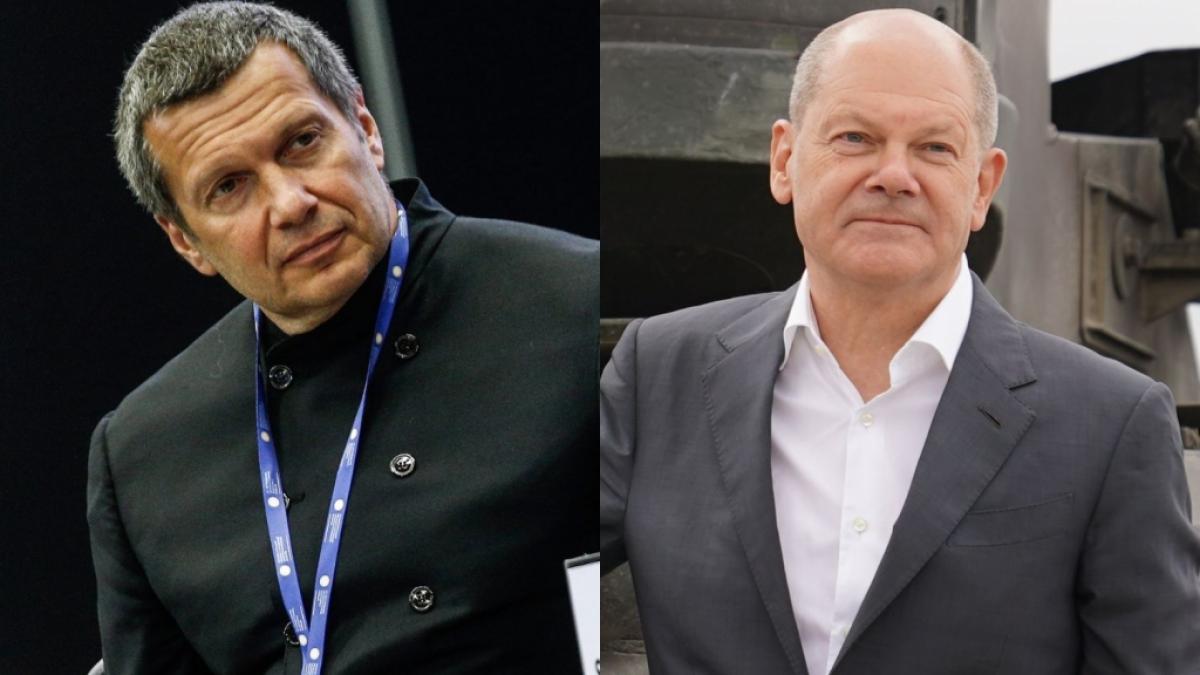 Wladimir Putins Chef-Hetzer Wladimir Solowjow (li.) hat Bundeskanzler Olaf Scholz (re.) in einer TV-Sendung als Hitler-Fanatiker verunglimpft. (Foto)