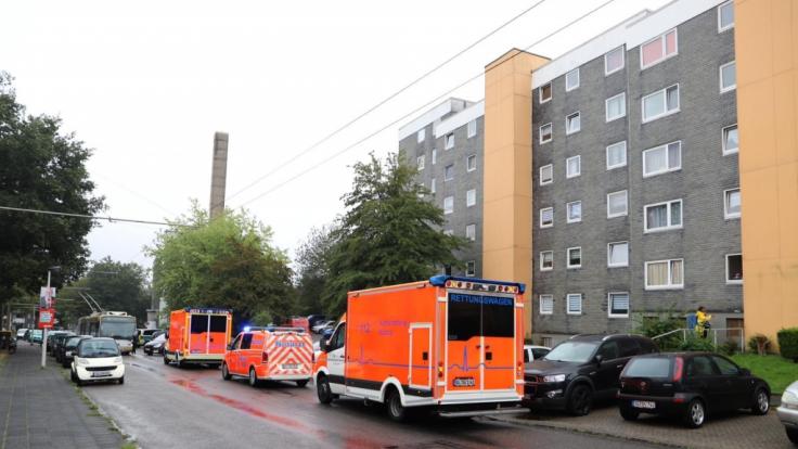 Krankenwagen stehen vor einem Haus. In Solingen sind in einem Haus mehrere tote Kinder gefunden worden.
